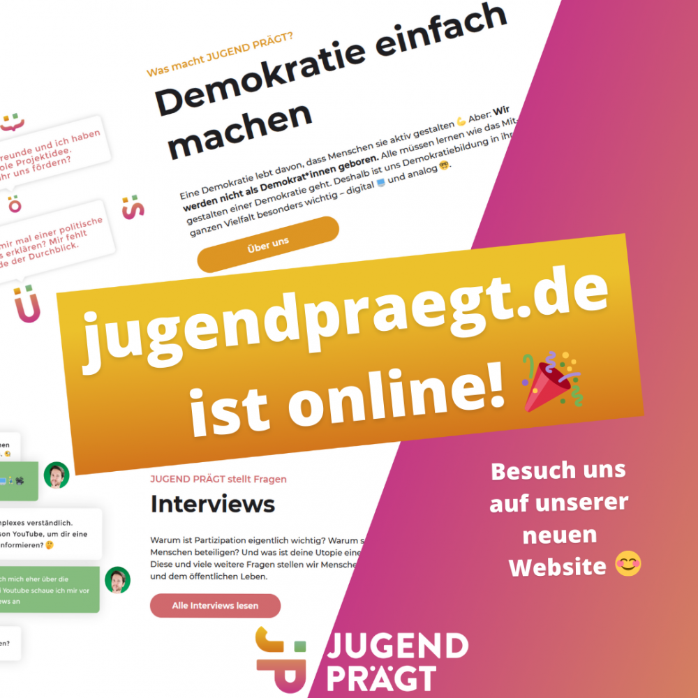 Ein Bild der Website Jugend Prägt mit verschiedenen Schlagworten wie Demokratie und Interviews.